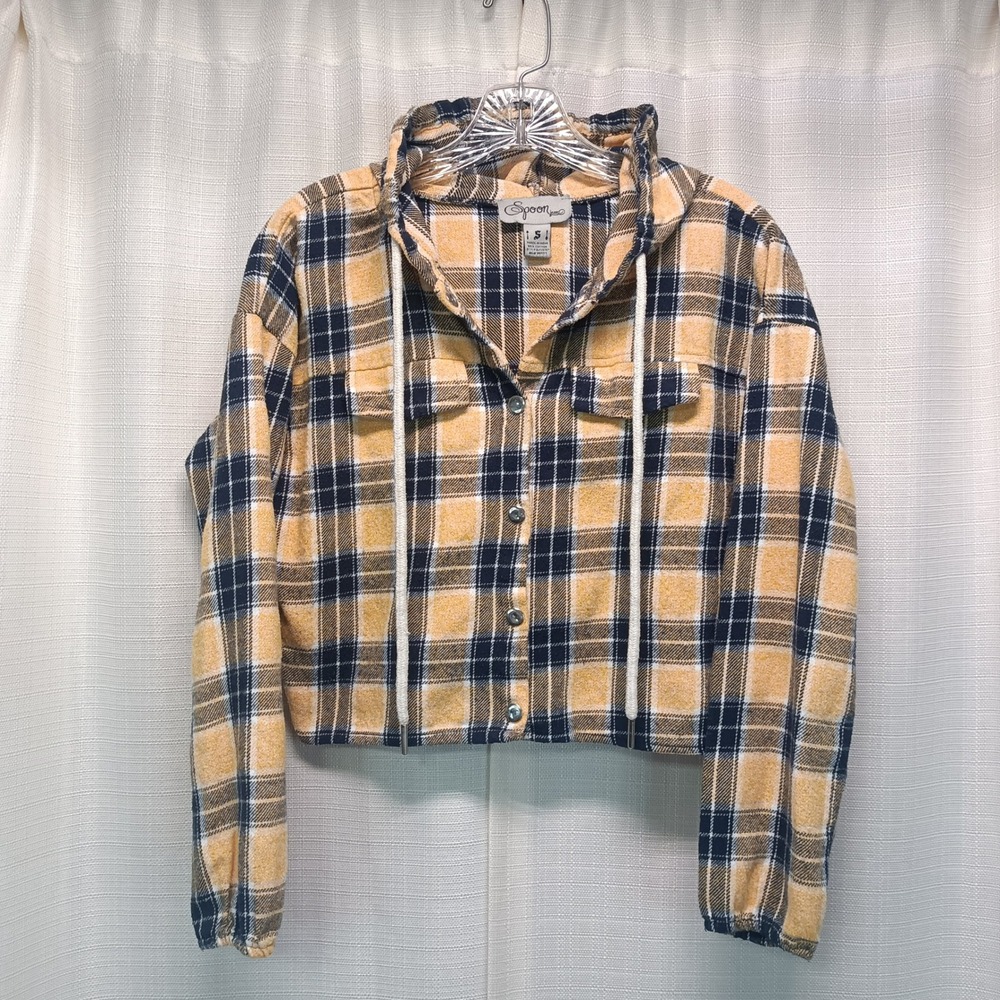 Spoon Jeans Womens Plaid Cropped Flannel Hoodie Yellow Navy Blue Snap Front S